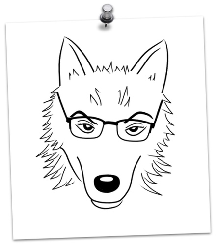Line drawing of a werewolf sporting black-rimmed glasses. Her eyebrows are arched in an "Oh really" take-no-nonsense expression.