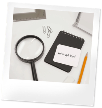 Magnifying glass, notebook, ruler, pencil, and card with "We've got this!" written on it sit on a white tabletop.